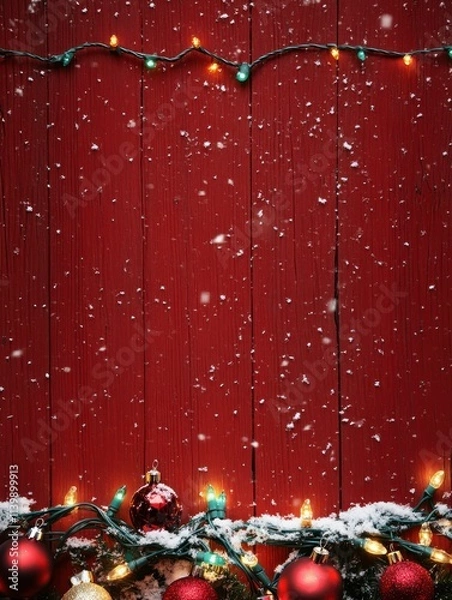 Obraz Vibrant Christmas Decoration with Red Wooden Background, Bright Ornaments, and Twinkling Lights Creating a Festive Winter Wonderland Atmosphere