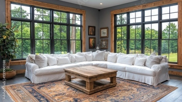 Fototapeta A beautifully designed living room featuring a large, white fabric sectional sofa, wooden coffee table, and expansive windows overlooking nature.