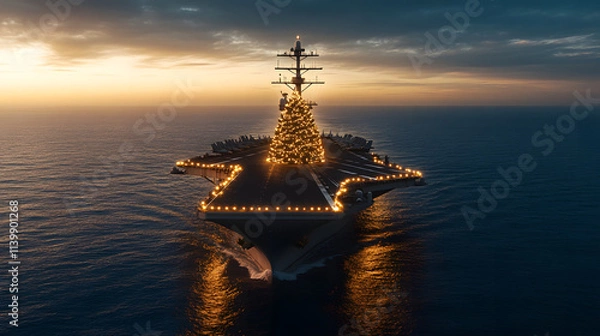Obraz A U.S. Navy aircraft carrier at sea adorned with Christmas lights, creating a festive and patriotic atmosphere, symbolizing the holiday spirit and the dedication of the Navy personnel during the holid