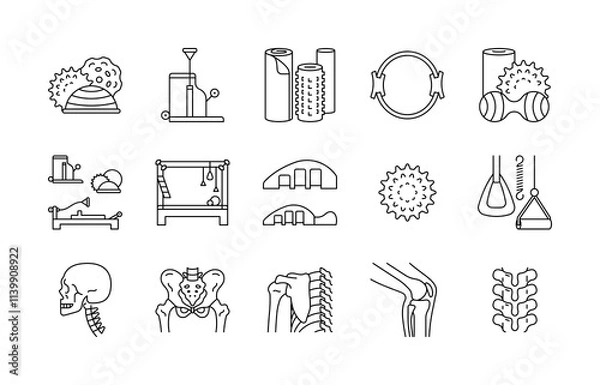 Obraz Pilates, line icons. Workout equipment for training - mat, foam roller, pilates ring and chain, balls. Bones and joints also - skull, knee, pelvic, spine. Linear illustration editable strokes.