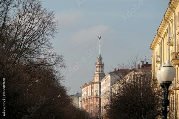 Fototapeta view of a beautiful old building with a spire in Minsk (Belarus)
