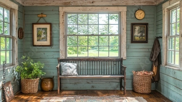 Fototapeta A charming corner of a rustic room featuring a vintage bench, artwork, and natural light illuminating the blue wooden walls and greenery outside.
