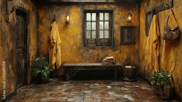 Fototapeta A cozy rustic room featuring textured yellow walls, a wooden bench, and a touch of greenery. Ideal for a vintage farmhouse design atmosphere.
