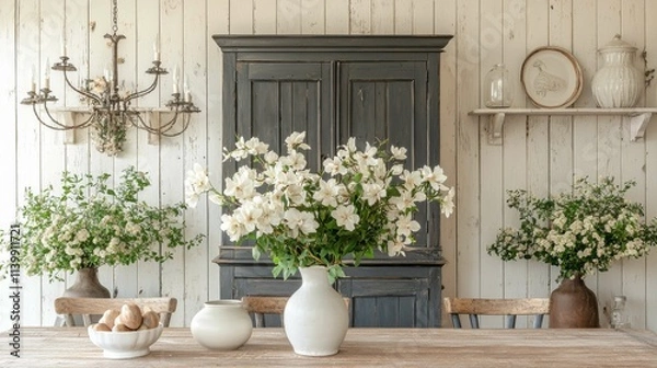 Fototapeta A beautifully arranged farmhouse kitchen with a rustic wooden table, white flowers, and vintage decor, highlighting a cozy and inviting atmosphere.