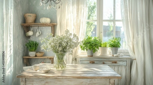 Fototapeta A serene and cozy interior featuring a wooden table adorned with a bouquet of fresh flowers, natural light streaming through the curtains, creating a rustic ambiance.