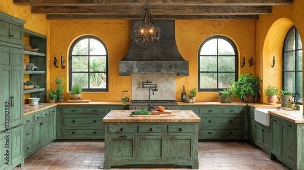 Fototapeta A rustic kitchen featuring green cabinetry, yellow walls, and a spacious island. It's adorned with plants, emphasizing a cozy, natural atmosphere.