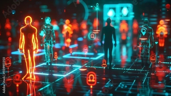 Fototapeta Abstract 3D visualization of AI responsibility concepts, including fairness, transparency, and regulation, represented by glowing icons on a futuristic grid.