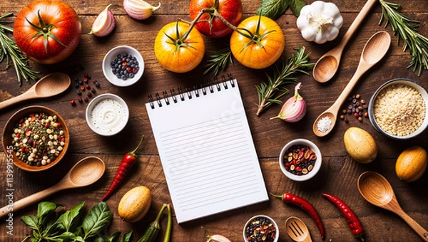 Obraz Rustic Kitchen Setup: Organic Cooking Ingredients, Blank Notebook, and Recipe Preparation