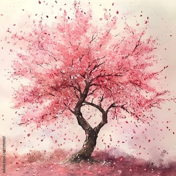 Fototapeta Watercolor painting of a tree covered in blooming cherry blossoms with petals falling gently.