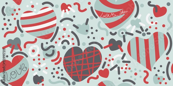 Fototapeta Colorful seamless doodle pattern: white, blue, red hearts, dots. Hand drawn vector illustration for cards, banners, wallpaper, textile, wrapping. Happy Valentines Day. Editable stroke	