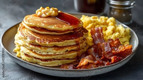 Obraz Breakfast consist of pancakes with crispy bacons, maple syrup and scrambled eggs. 
