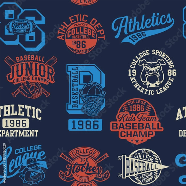 Fototapeta College athletic department sporting badges patchwork cute vector seamless pattern for children kid wear fabric t shirt sweatshirt pajamas