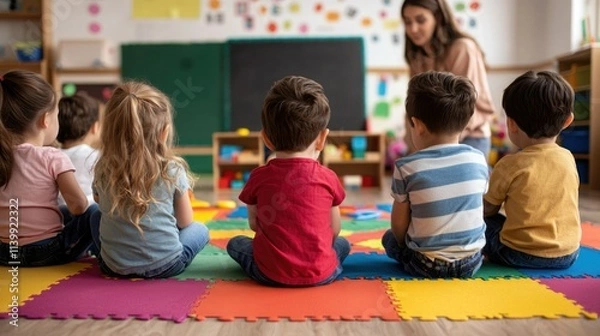 Fototapeta Children sitting on colorful mats in a classroom while listening to a teacher during a learning activity