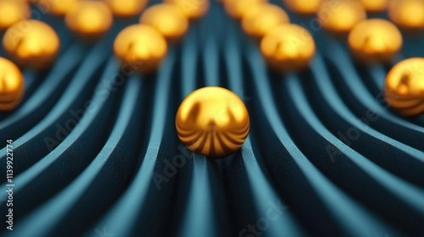 Fototapeta Unique arrangement of golden spheres on wavy surface showcasing 3D design and depth effects