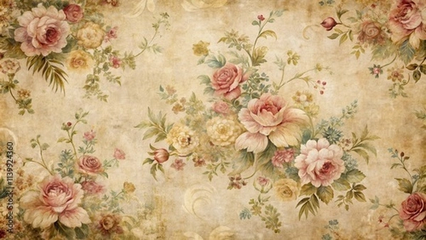Fototapeta Vintage floral wallpaper with distressed textures and faded colors, retro, antique, background, abstract, design, texture