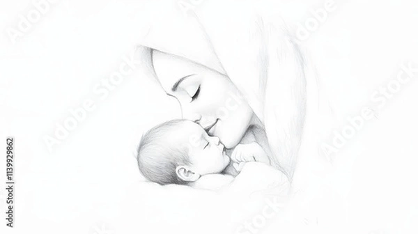 Fototapeta A simple pencil sketch of an Arab mother holding her newborn child with tenderness and love, capturing a moment of warmth, care, and the deep bond between mother and child in an intimate, heartfelt sc