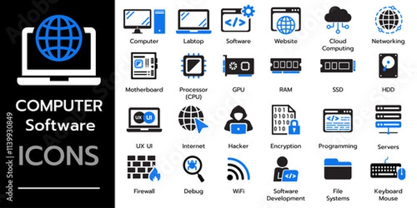 Fototapeta Computer Software icon set. Containing computer, labtop, network, website, server, hardware, software. vector icons	
