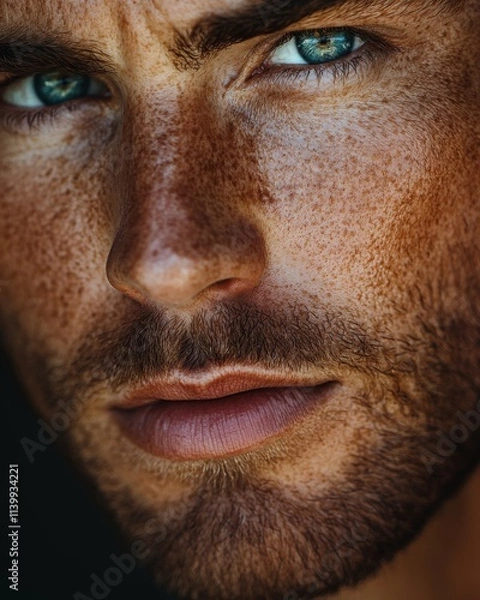 Fototapeta A man confidently looking into the camera with visible skin texture and imperfections