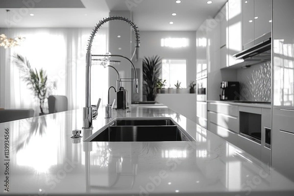 Fototapeta Modern kitchen with sleek chrome faucets, white countertops, and minimalist design.