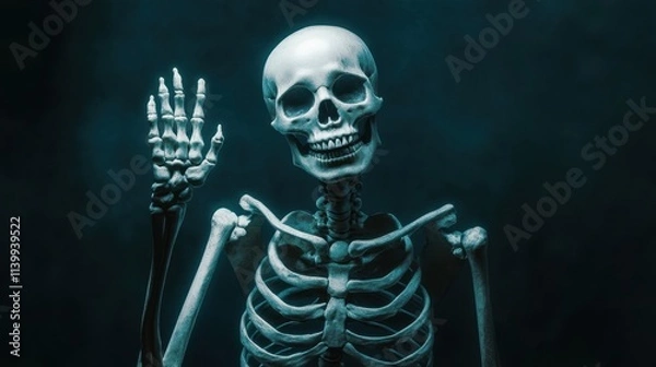 Fototapeta Adorable waving skeleton with expressive features, glowing white bones contrasted against the dark background