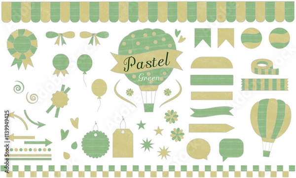 Obraz パステル（緑）フレーム・パターン・タグ・気球・風船・リボン・タグなどいろんなアイテムセット