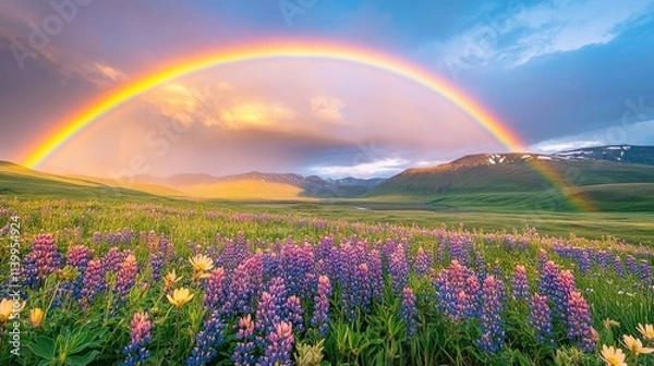 Fototapeta Captivating landscape with vibrant flowers and a stunning rainbow arching across a dramatic sky at sunset in a serene meadow