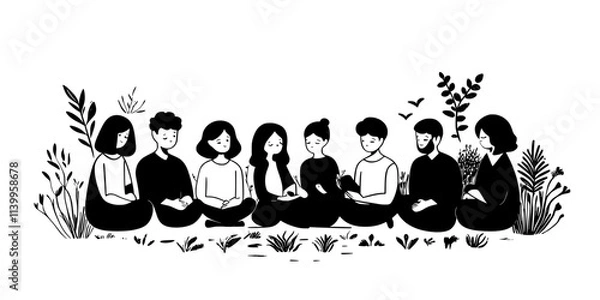 Fototapeta Groups of people sitting quietly together in a peaceful garden setting, Vector Graphic