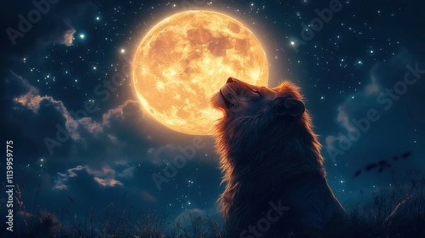Fototapeta Majestic lion howling at a luminous full moon under a starlit sky in the serene night