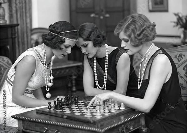 Fototapeta Elegant 1920s Flappers Playing Chess Pearls, Style, Strategy.