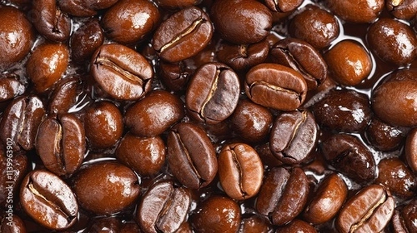 Obraz Freshly roasted coffee beans with a hint of steam rising, creating an alluring coffee aroma scene.