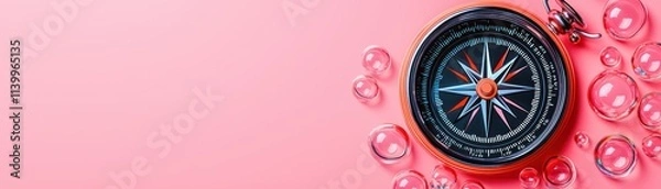 Fototapeta vibrant compass on pastel pink background surrounded by bubbles evokes sense of adventure and exploration