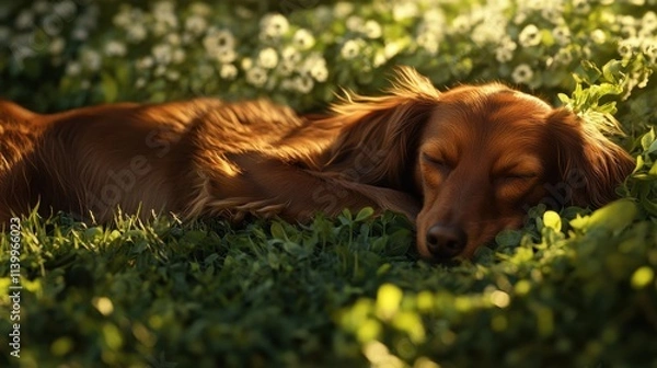 Fototapeta A brown dog is comfortably laying in the grass and gazing at the camera
