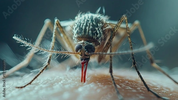 Fototapeta Detailed view of a mosquito with visible blood in its abdomen after feeding on human skin.