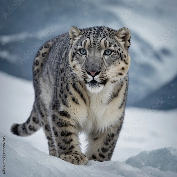 Fototapeta A snow leopard prowling gracefully across the icy mountains.


