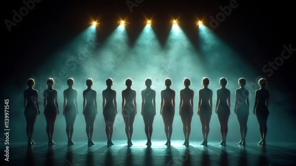 Fototapeta Silhouetted Women Choir Stage Performance  Dramatic Lighting  Backlit Figures  Dark Stage