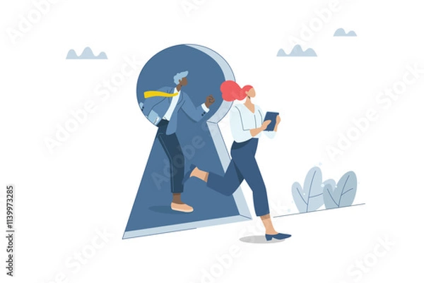 Fototapeta Unlocking the solution, Discovering key business opportunities, Business teams are running out of keyhole doors, Keys to Career and Business Potential, Flat vector design illustration.