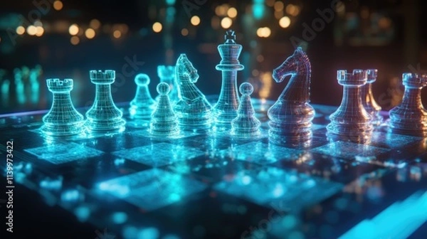 Obraz Digital Chessboard Showing Wireframe Pieces