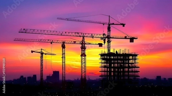 Obraz 12. A construction site at sunset, with silhouettes of workers and machinery against a vibrant sky