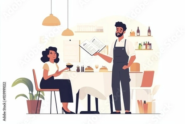 Fototapeta Waiter shows menu to seated diner; restaurant scene.