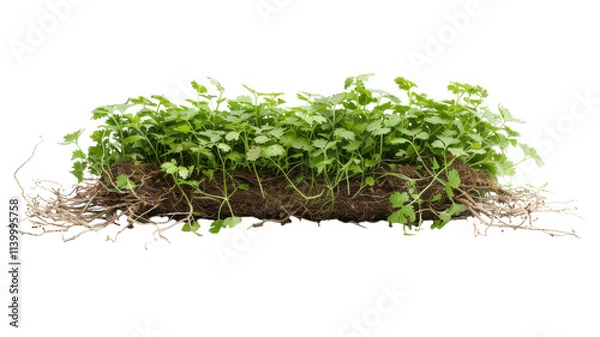 Fototapeta Fresh cilantro emerging vibrantly from its rich soil on a bright yellow background