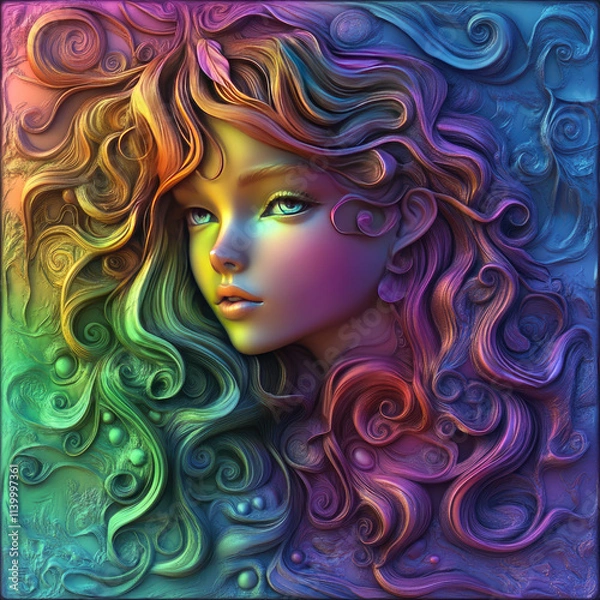 Fototapeta 3D volumetric image of a long-haired girl’s face close-up in rainbow colors. Creative print. Template for romantic cards, invitations. Illustration for printing on fabric, paper, porcelain, plastic, t