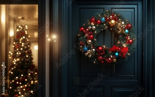 Fototapeta A festive Christmas wreath with colorful ornaments and sparkling lights on a modern door