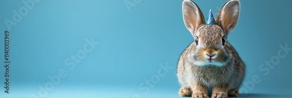 Fototapeta Cute funny rabbit wearing a birthday hat in a bright studio setting