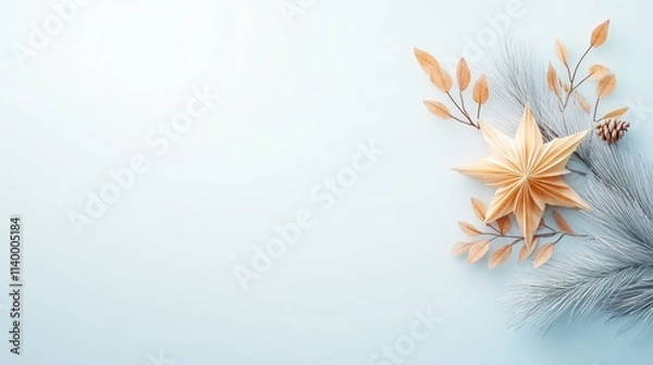 Fototapeta A decorative arrangement featuring a golden star ornament, dry leaves, and pine branches on a soft blue background, ideal for holiday-themed invitations, greeting cards
