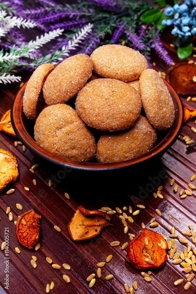 Fototapeta homemade cookies in a clay plate, wheat, dried fruits, herbs and berries on a brown background