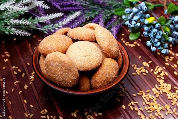 Fototapeta homemade cookies in a clay plate, wheat, herbs and berries on a brown background