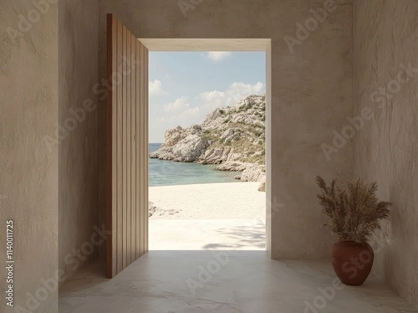 Fototapeta A serene interior view leading to a beach and rocky landscape.
