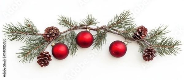 Fototapeta Christmas tree branch adorned with red ornaments and pine cones on a clean white background for festive holiday decoration concepts.