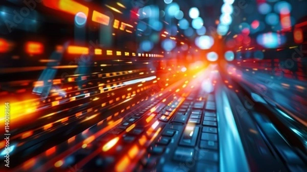 Fototapeta Digital image: laptop keyboard in motion with bright streaks of orange and blue lights, evoking speed and technology in a dynamic urban setting.