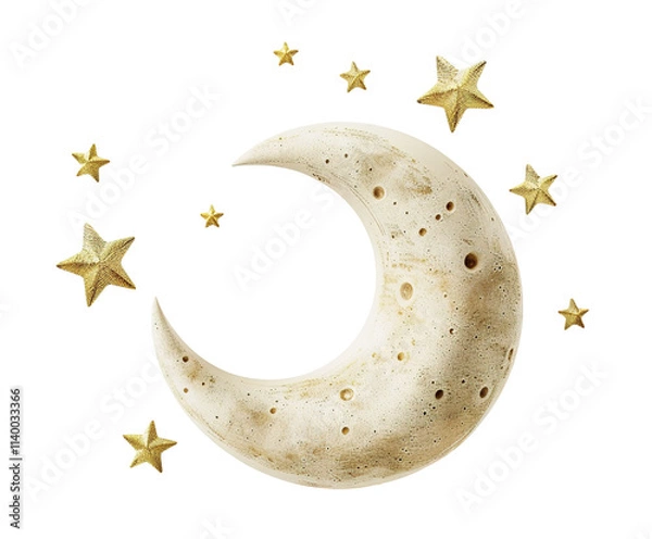 Obraz Beige crescent moon surrounded by shimmering stars, on transparent background. Ideal for use in dream-themed designs, nursery decor, nighttime illustrations. Cut out sky elements.